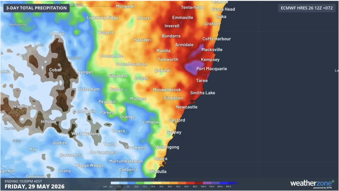 Forecast accumulated rain in eastern NSW during the next three days. (Weatherzone)