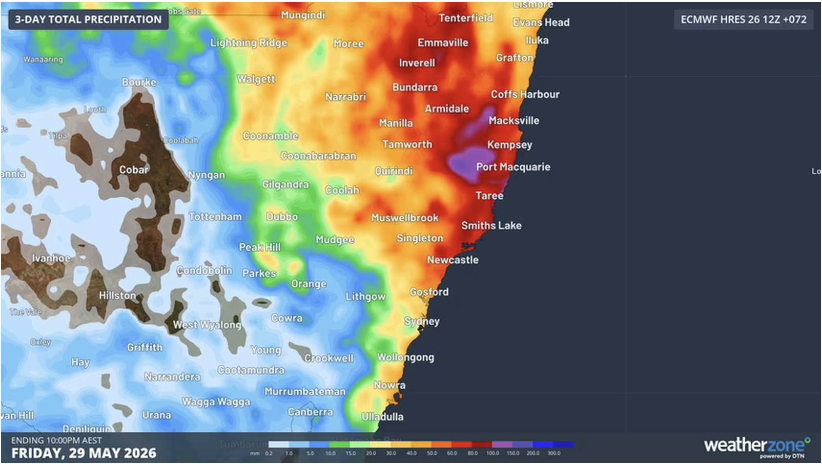 Forecast accumulated rain in eastern NSW during the next three days. (Weatherzone)