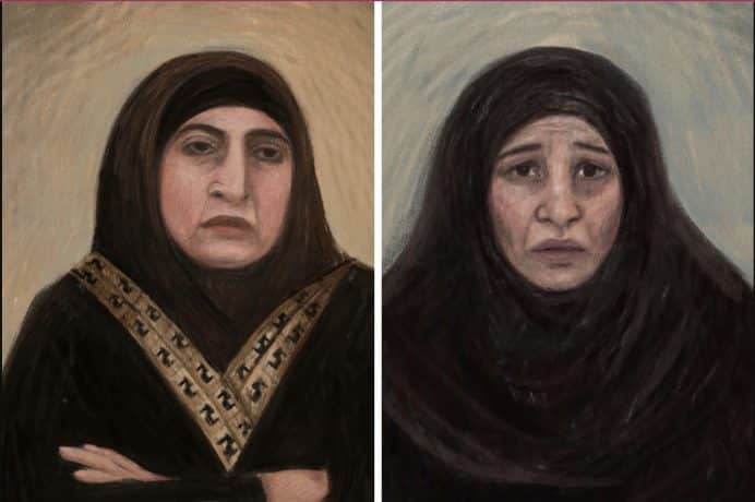 A combined image shows (left) a court sketch depicting Kawsar Ahmad, 53, also known as Abbas, during her bail application in Melbourne, Friday, May 8, 2026 and (right) a court sketch depicting Zeinab Ahmad during her bail application in Melbourne. (AAP)
