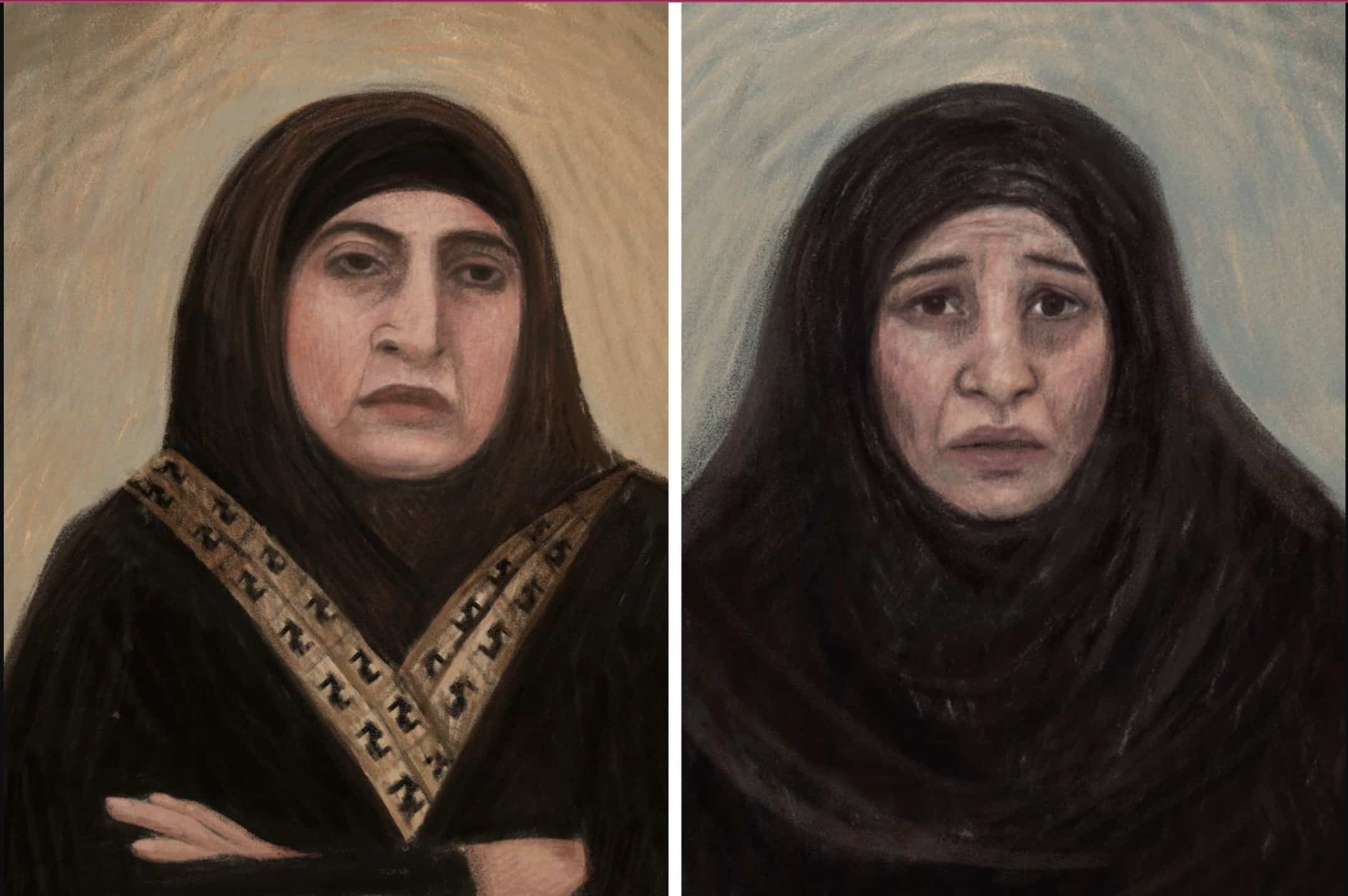 A combined image shows (left) a court sketch depicting Kawsar Ahmad, 53, also known as Abbas, during her bail application in Melbourne, Friday, May 8, 2026 and (right) a court sketch depicting Zeinab Ahmad during her bail application in Melbourne. (AAP)