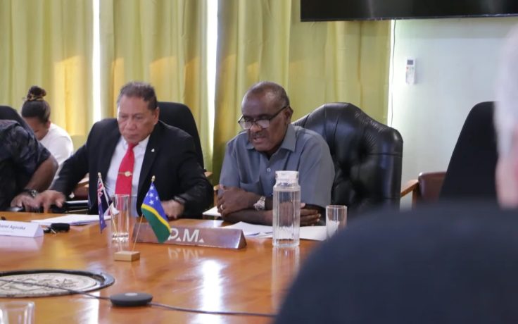 Solomon Islands caretaker Prime Minister Jeremiah Manele, right, with his then-Foreign Affairs Minister Peter Shanel Aqovaka. July 2024.