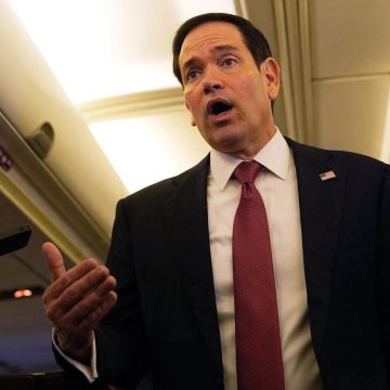 US Secretary of State Marco Rubio speaks to reporters on his plane at Jaipur International Airport in India, on Tuesday.