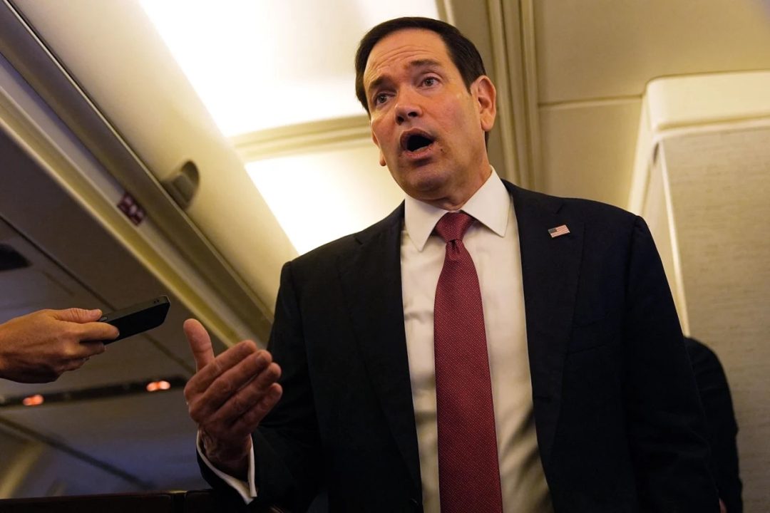 US Secretary of State Marco Rubio speaks to reporters on his plane at Jaipur International Airport in India, on Tuesday.