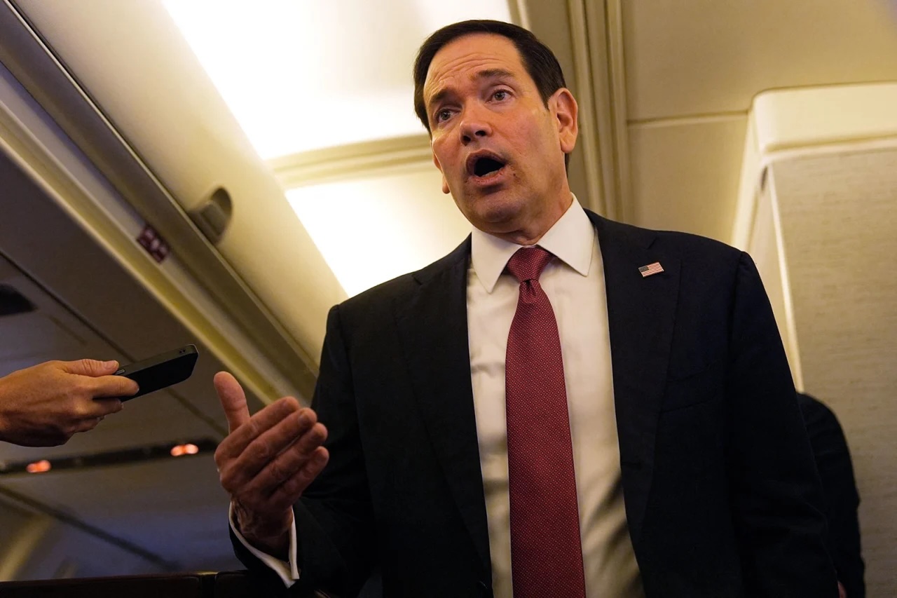 US Secretary of State Marco Rubio speaks to reporters on his plane at Jaipur International Airport in India, on Tuesday.