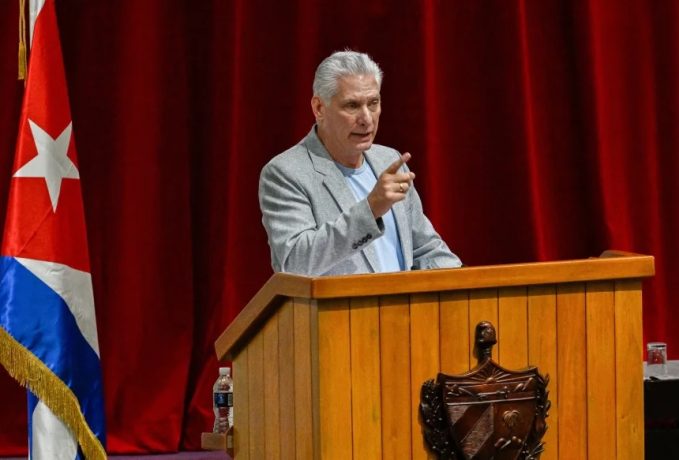 Cuba's President Miguel Diaz-Canel delivers a speech in March. The president has warned that a US military assault on Cuba would cause a "bloodbath."
