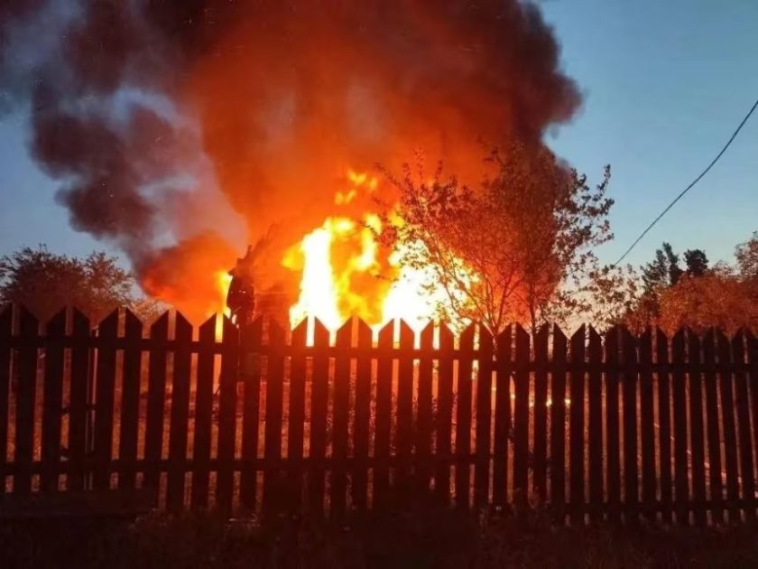 A house is on fire after a Ukrainian drone attack in the village of Subbotino, Naro-Fominsk District, in the Moscow region, Russia, on May 17, 2026.