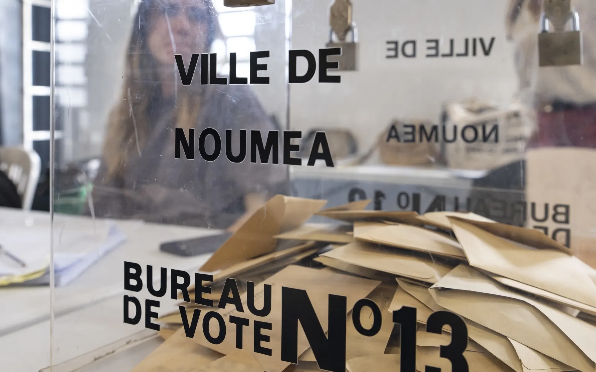 A ballot box is seen at the Salle Omnisports during provincial elections in Noumea, New Caledonia, on 28 June 2026.