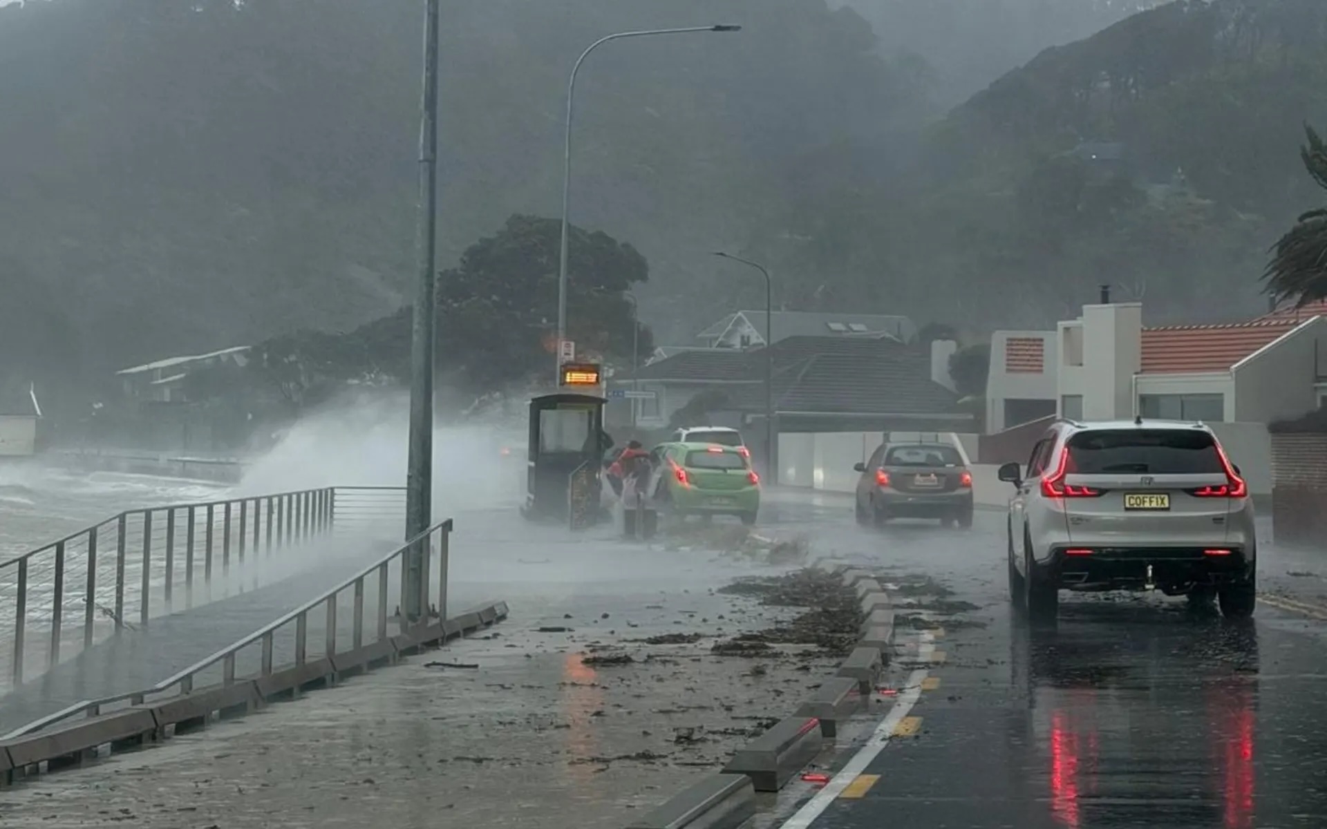 Debris is strewn across Marine Drive in Lowry Bay after strong winds hit Wellington.