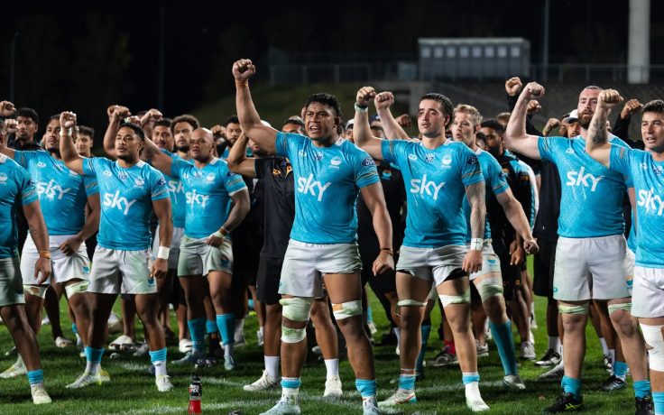 Moana Pasifika's Abraham Pole celebrates his 50th game, 2026.