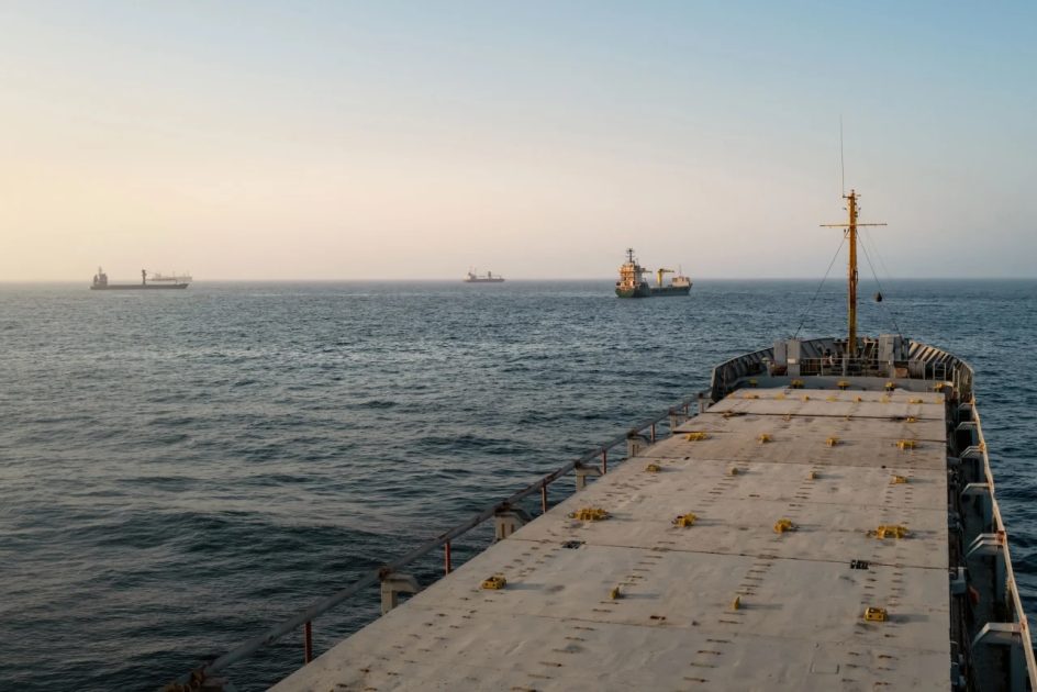 Oil tankers and cargo vessels are anchored off the coast of Oman on June 23.