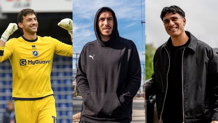 The three players with Pacific Islands heritage playing in the 2026 FIFA World Cup from L-R- Max Crocombe, Michael Boxall and Marko Stamenic.