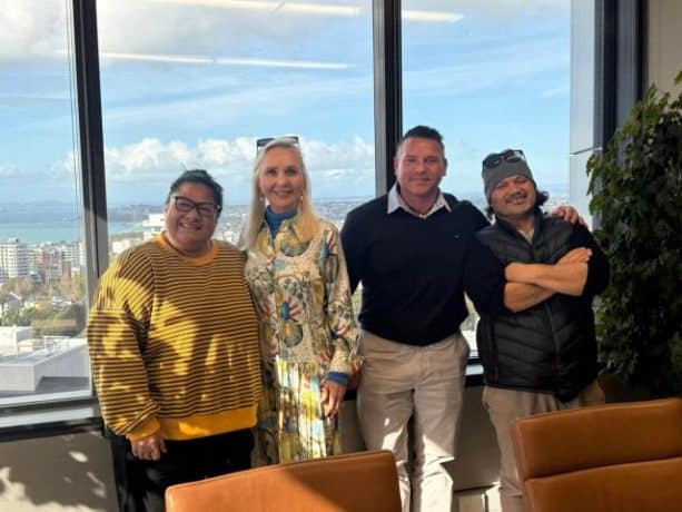 Anapela Polata'ivao, Desley Simpson, Matt Winiata and Vela Manusaute discuss plans for a dedicated performing arts space in Manurewa.