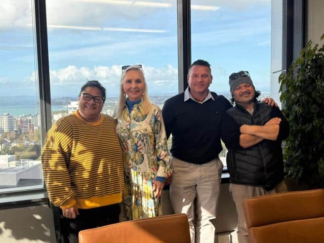 Anapela Polata'ivao, Desley Simpson, Matt Winiata and Vela Manusaute discuss plans for a dedicated performing arts space in Manurewa.