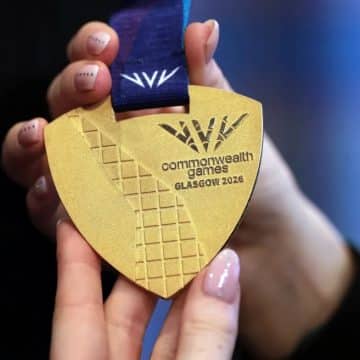 One of the Official Medals of the 2026 Commonwealth Games, designed by Militsa Milenkova, is pictured during their unveiling at the Glasgow School Of Art in Glasgow on April 29, 2026.