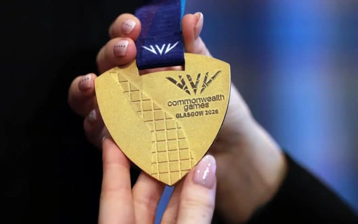 One of the Official Medals of the 2026 Commonwealth Games, designed by Militsa Milenkova, is pictured during their unveiling at the Glasgow School Of Art in Glasgow on April 29, 2026.