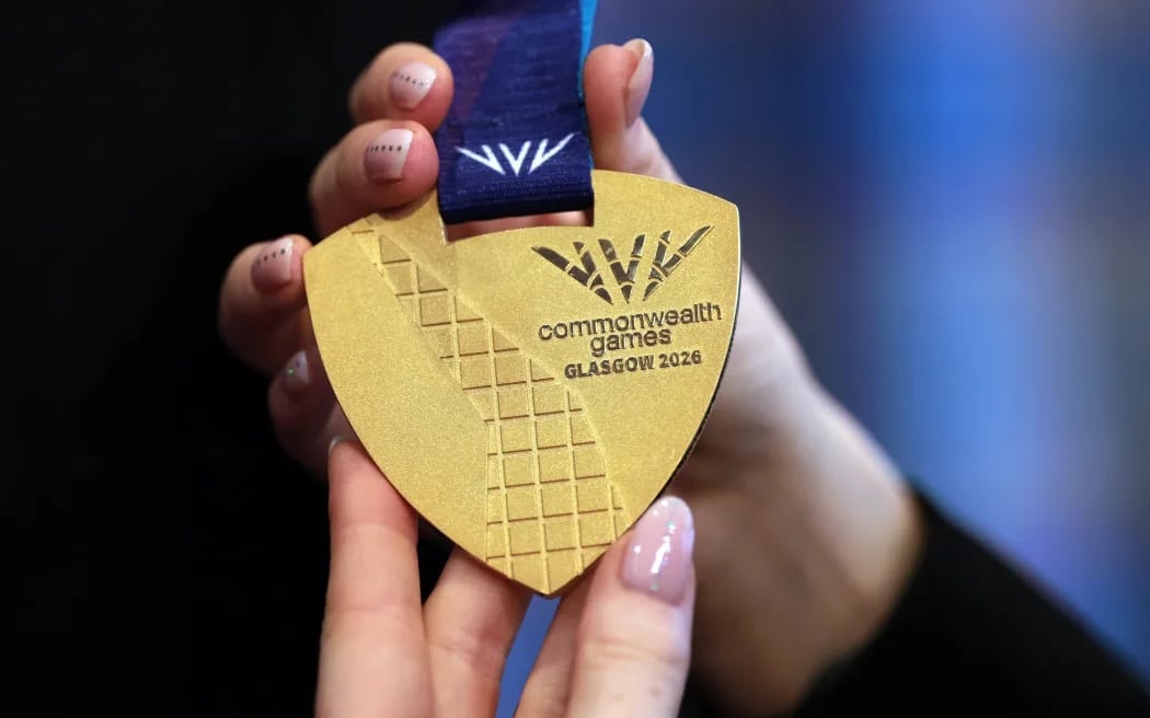 One of the Official Medals of the 2026 Commonwealth Games, designed by Militsa Milenkova, is pictured during their unveiling at the Glasgow School Of Art in Glasgow on April 29, 2026.