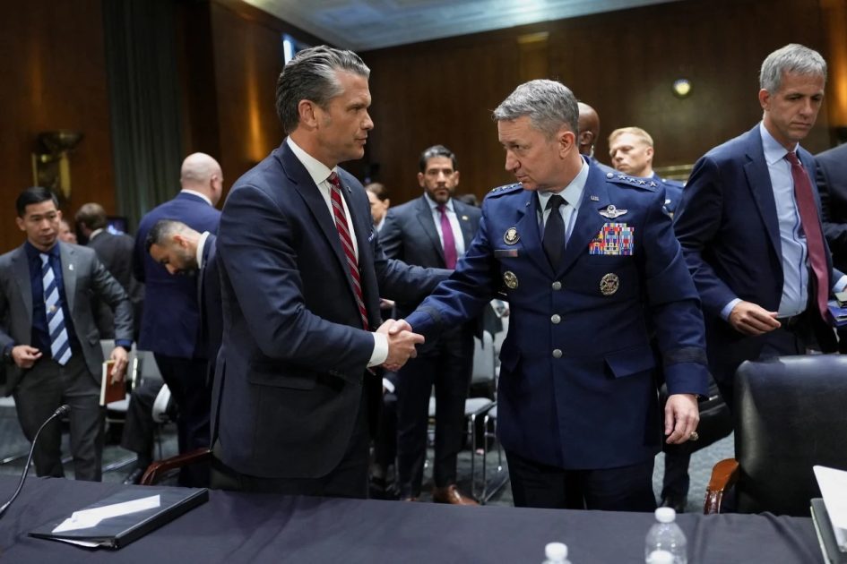 Secretary of Defense Pete Hegseth shakes hands with Chairman of the Joint Chiefs of Staff General Dan Caine at the end of a Senate Appropriations Committee hearing on President Donald Trump's supplemental funding request for the Department of Defense, in Washington, DC, on Tuesday, July 21.