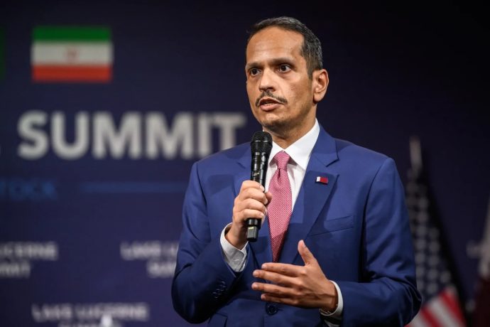 Qatar's Prime Minister Sheikh Mohammed bin Abdulrahman bin Jassim al-Thani speaks prior to a quadrilateral meeting between the United States, Iran, Pakistan and Qatar at the Burgenstock luxury hotel complex overlooking Lake Lucerne, Switzerland, on June 21.