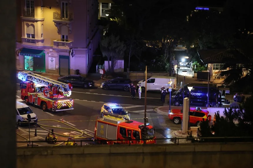 Monaco emergency services on the ground near the site of an explosion in a residential building in Monaco on Monday evening.