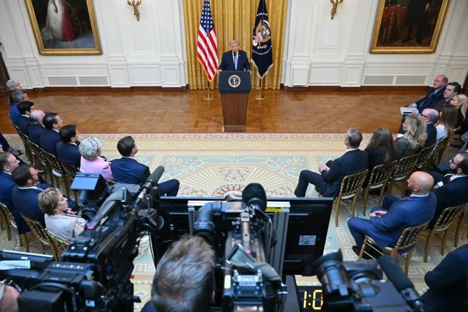 Donald Trump addresses the nation from the East Room of the White House in Washington, DC on Thursday.