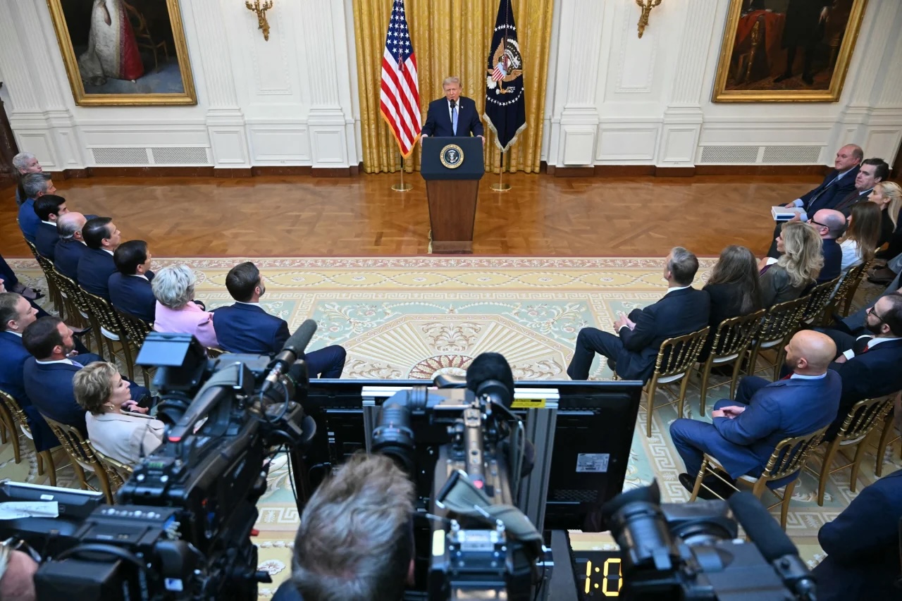 Donald Trump addresses the nation from the East Room of the White House in Washington, DC on Thursday.
