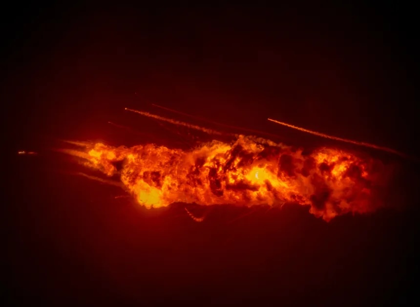 A modified Long March-7 carrier rocket, carrying the Zhongxing-4B satellite, explodes after blast off from the Wenchang Spacecraft Launch Site in Wenchang, China, on August 10, 2026.