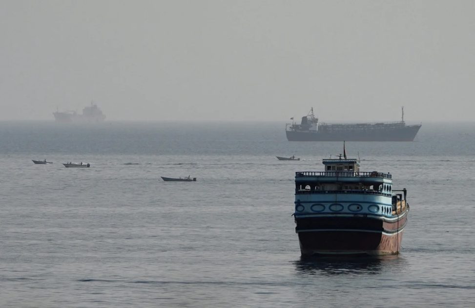 Vessels in the Strait of Hormuz, as seen from Musandam, Oman, on Monday, August 3.