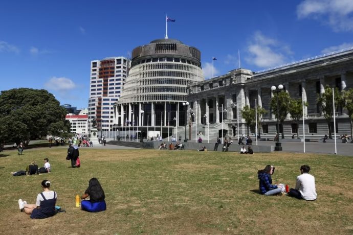 A general view of the Beehive and Parliament House in Wellington, New Zealand, on March 6, 2024.