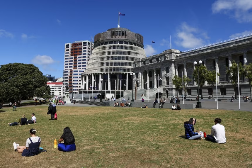 A general view of the Beehive and Parliament House in Wellington, New Zealand, on March 6, 2024.
