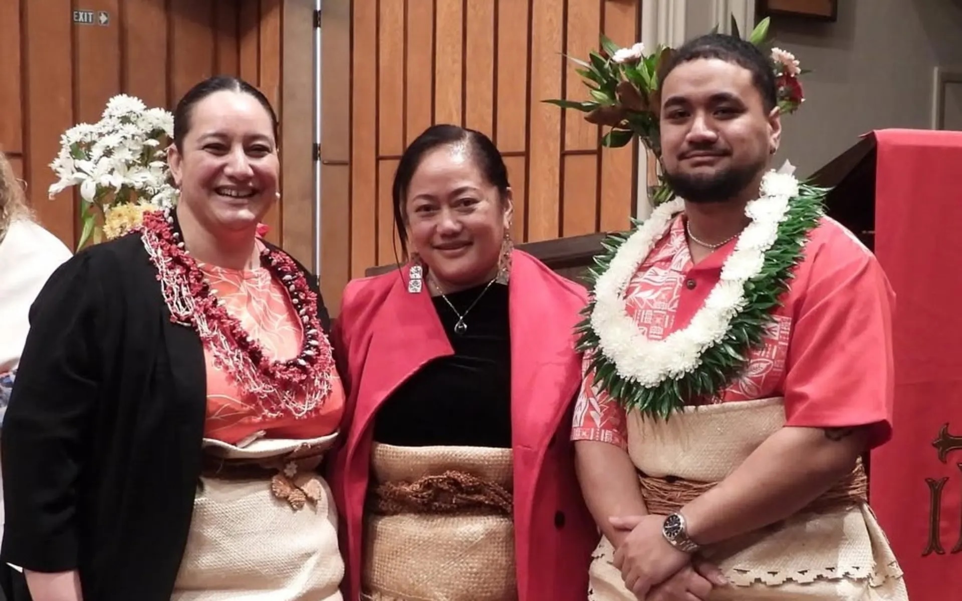 Louise Murphy (left) and Soane Taungalu (right) at the Wellington Methodist parish after the Tonga Language Week opening church service on Sunday.
